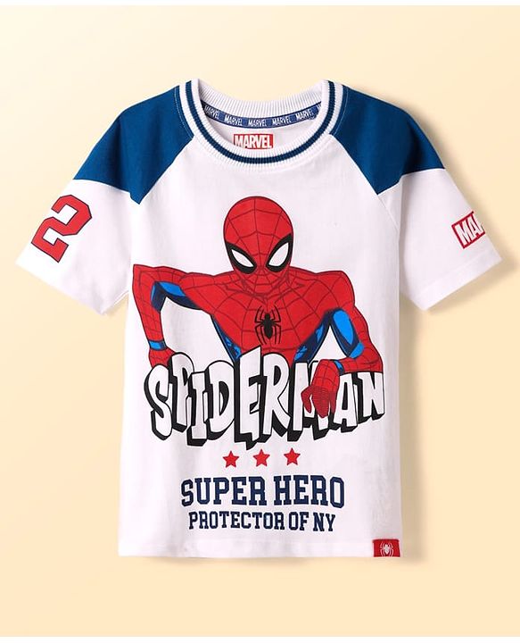 Pine Kids Marvel 100% Cotton Knit Drop Shoulder Oversized Half Raglan Sleeves T-Shirt And Shorts Set With Spider-Man Graphics - Navy Blue & White