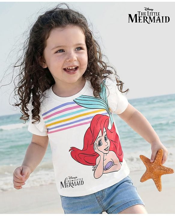 Babyhug Disney Single Jersey Knit Half Sleeves T-Shirt With Disney Princess-Ariel Graphics And Frill Detailing - White