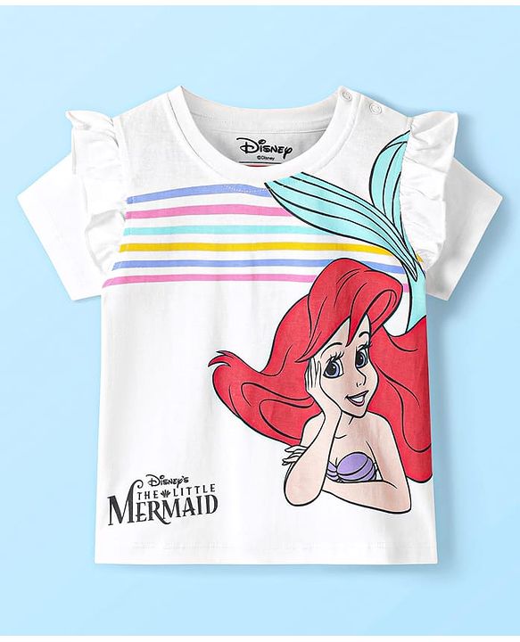 Babyhug Disney Single Jersey Knit Half Sleeves T-Shirt With Disney Princess-Ariel Graphics And Frill Detailing - White