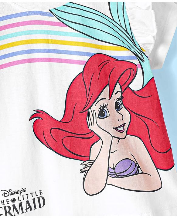 Babyhug Disney Single Jersey Knit Half Sleeves T-Shirt With Disney Princess-Ariel Graphics And Frill Detailing - White