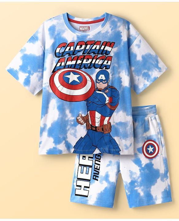Pine Kids Marvel 100% Cotton Knit Drop Shoulder Half Sleeves T-Shirt And Shorts With Captain America Graphics - Blue