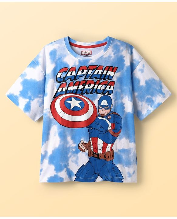 Pine Kids Marvel 100% Cotton Knit Drop Shoulder Half Sleeves T-Shirt And Shorts With Captain America Graphics - Blue