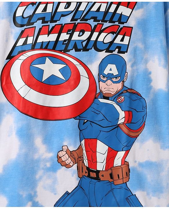 Pine Kids Marvel 100% Cotton Knit Drop Shoulder Half Sleeves T-Shirt And Shorts With Captain America Graphics - Blue