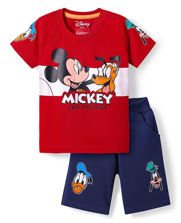 Babyhug Disney Single Jersey Knit Half Sleeve T-Shirt & Shorts Set With Mickey Mouse And Family Graphics - Red & Navy Blue