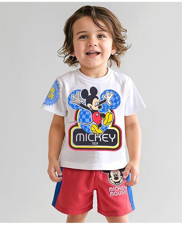 Babyhug Disney  Half Sleeves T-Shirt & Shorts Set with Mickey Mouse & Family Graphics - White & Red