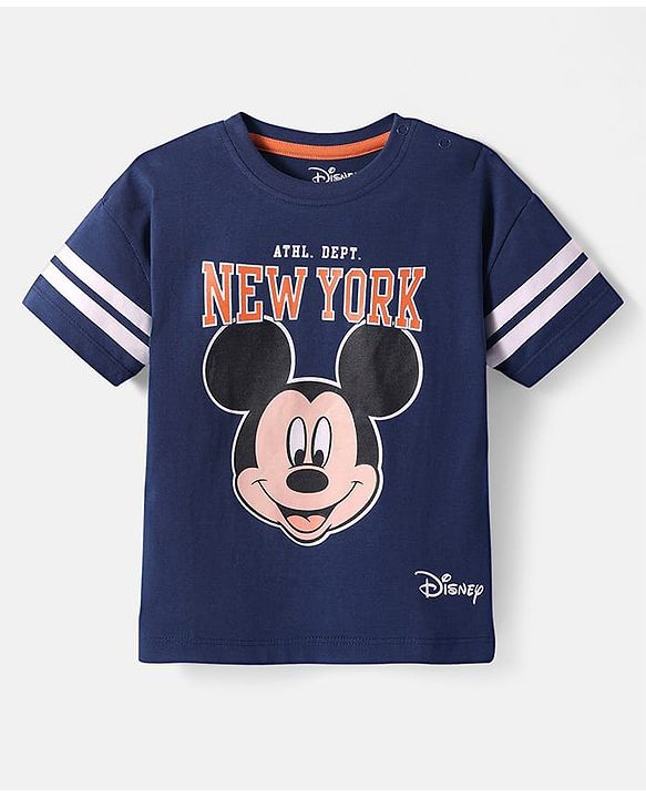 Babyhug Disney Single Jersey Knit Half Drop Shoulder Sleeves T-Shirt with Mickey Mouse Graphics - Navy Blue