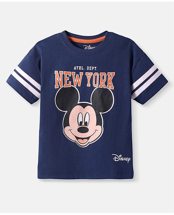 Babyhug Disney Single Jersey Knit Half Drop Shoulder Sleeves T-Shirt with Mickey Mouse Graphics - Navy Blue