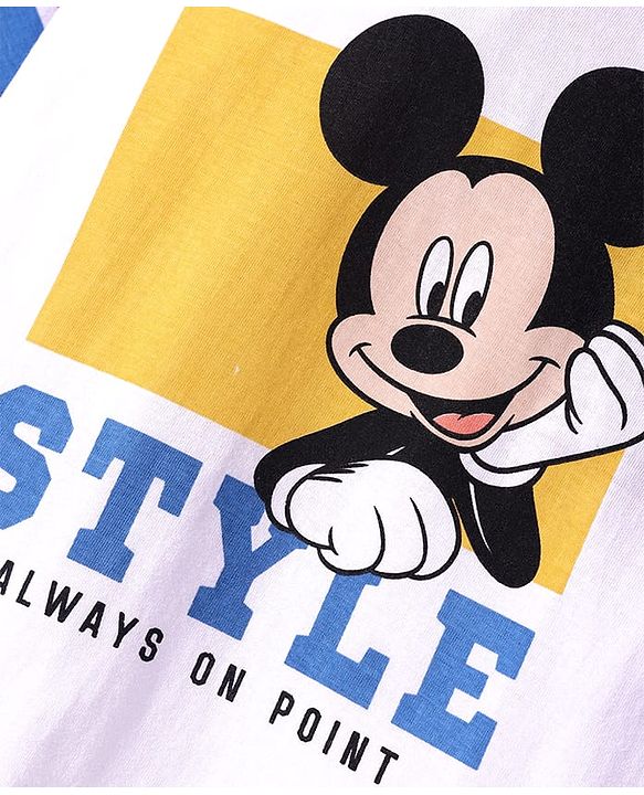 Babyhug Disney Single Jersey Knit Half Drop Shoulder Sleeves T-Shirt with Mickey Mouse Graphics & Foil Detailing - White