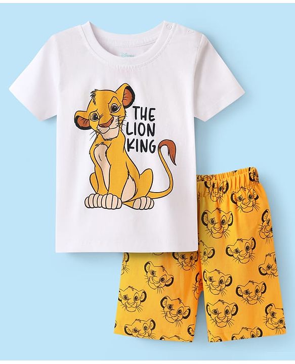 Babyhug Disney Single Jersey Knit Half Sleeves Shorts Night Suit with Lion King Graphics - White & Yellow