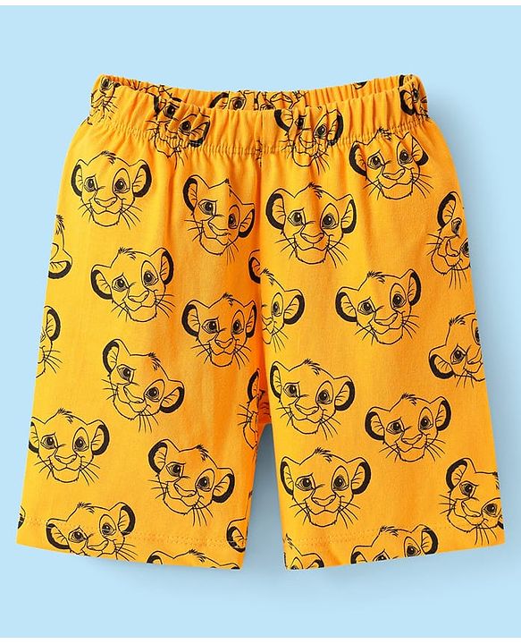 Babyhug Disney Single Jersey Knit Half Sleeves Shorts Night Suit with Lion King Graphics - White & Yellow