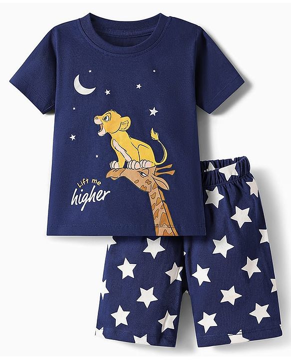 Babyhug Disney Single Jersey Knit Half Sleeves Shorts Night Suit with Lion King & Stars Graphics - Navy Blue