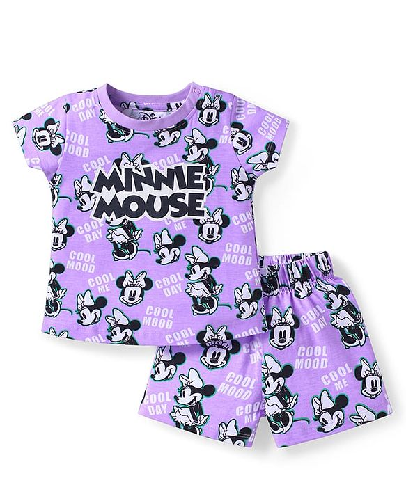 Babyhug Disney Single Jersey Knit Half Sleeves Co-ords Shorts Night Suit with Minnie Mouse Print - Purple