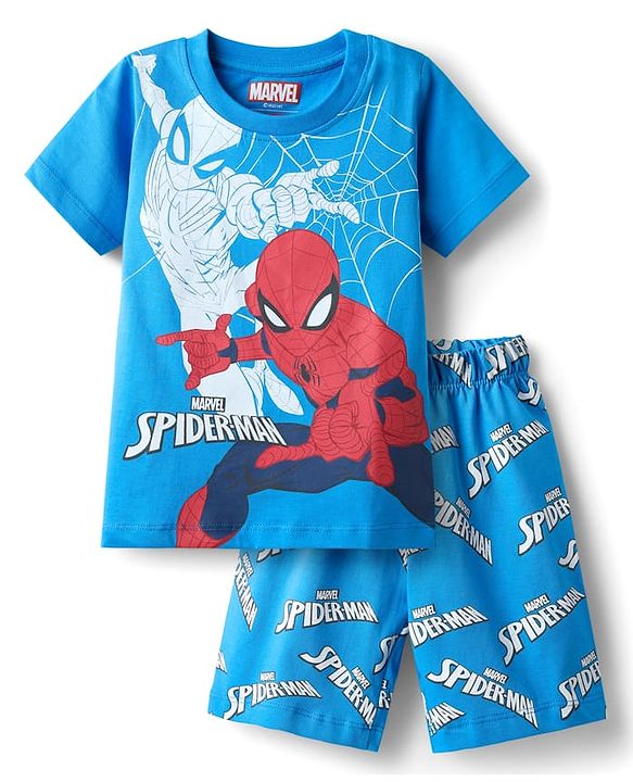 Babyhug Marvel Single Jersey Knit Half Sleeve Shorts Night Suit With Spider-Man Graphic - Blue