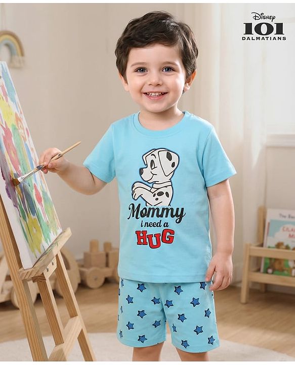 Babyhug Disney Single Jersey Knit Half Sleeve Short Night Suit With 101 Dalmatians Graphic - Light Blue