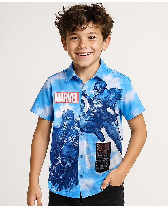 Pine Kids Marvel Single Jersey Knit Half Sleeves Tie & Dye Shirt With Front & Back Avengers Graphics  - Blue