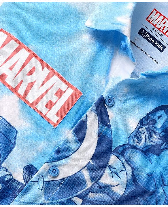 Pine Kids Marvel Single Jersey Knit Half Sleeves Tie & Dye Shirt With Front & Back Avengers Graphics  - Blue