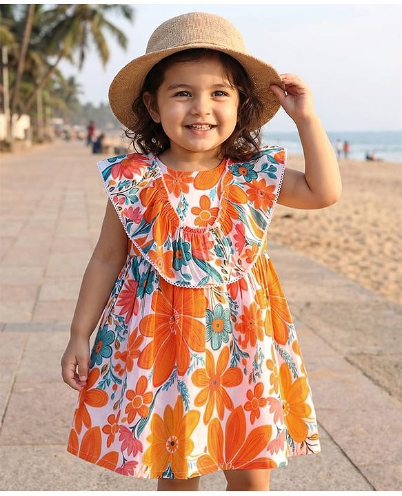 Babyhug Cotton Woven Frill Sleeves Frock with Floral Print & Ruffle - Orange