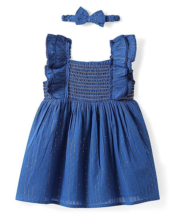 Babyhug Cotton Woven Frill Sleeves Dress With Rhinestones Detailing & Headband - Blue