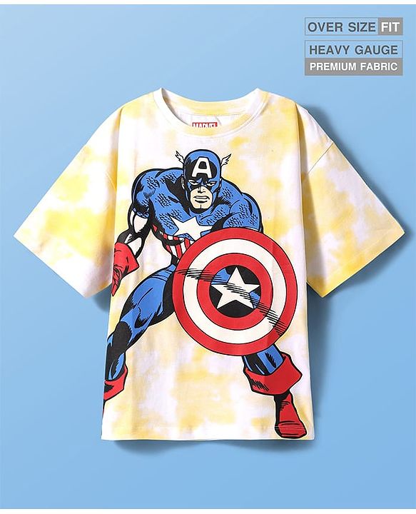 Pine Kids Marvel Single Jersey Knit Half Sleeves Oversized Drop Shoulder T-Shirt Captain America Graphics And Sequins Detailing - Yellow & White
