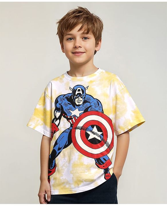 Pine Kids Marvel Single Jersey Knit Half Sleeves Oversized Drop Shoulder T-Shirt Captain America Graphics And Sequins Detailing - Yellow & White