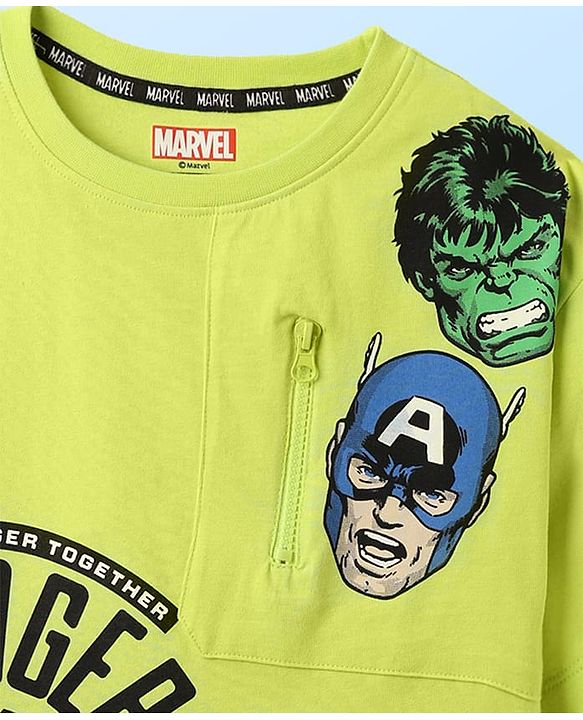 Pine Kids Marvel Single Jersey Knit Half Drop Shoulder Sleeves Oversized T-Shirt with Avengers Graphics & Pocket Detailing - Neon Green