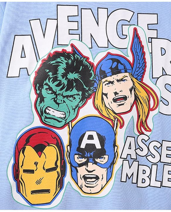 Pine Kids Marvel Single Jersey Knit Oversized Half Sleeves Drop Shoulder T-Shirt with Avengers Graphics - Light Blue
