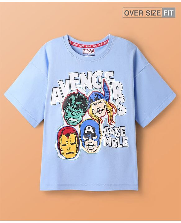 Pine Kids Marvel Single Jersey Knit Oversized Half Sleeves Drop Shoulder T-Shirt with Avengers Graphics - Light Blue