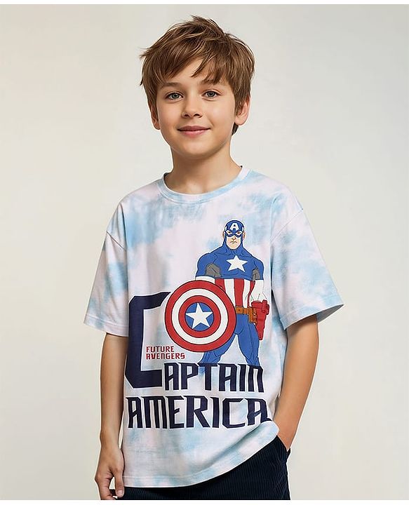 Pine Kids Marvel Terry Knit Half Sleeves Oversized Drop Shoulder Tie And Dye T-Shirt With Avengers-Captain America Graphics - Light Blue