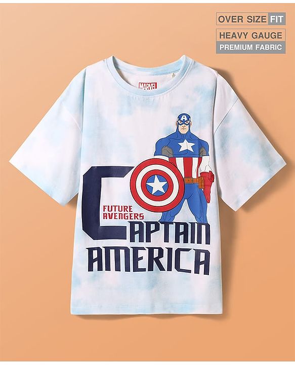 Pine Kids Marvel Terry Knit Half Sleeves Oversized Drop Shoulder Tie And Dye T-Shirt With Avengers-Captain America Graphics - Light Blue