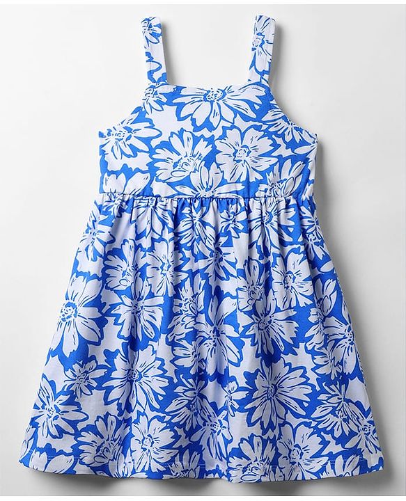 Babyhug Cotton Woven Sleeveless Frock with Floral Print - Blue