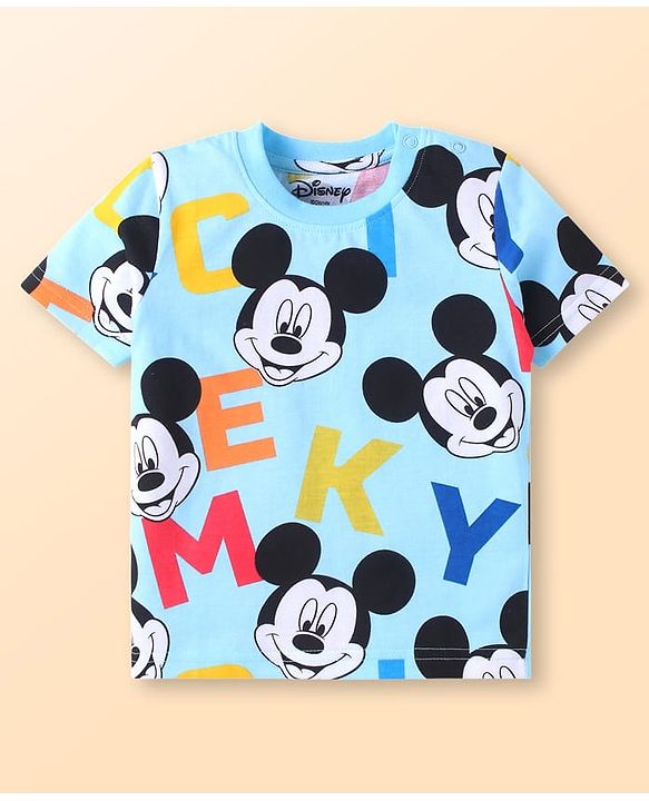 Babyhug Disney Single Jersey Knit Half Sleeves Co-ords Shorts Night Suit with Mickey Mouse Graphics - Light Blue
