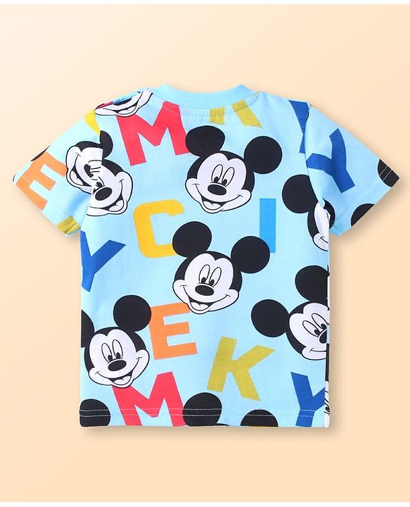 Babyhug Disney Single Jersey Knit Half Sleeves Co-ords Shorts Night Suit with Mickey Mouse Graphics - Light Blue