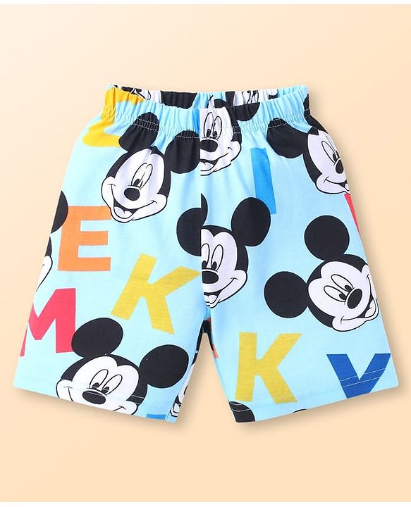 Babyhug Disney Single Jersey Knit Half Sleeves Co-ords Shorts Night Suit with Mickey Mouse Graphics - Light Blue