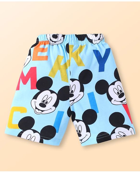 Babyhug Disney Single Jersey Knit Half Sleeves Co-ords Shorts Night Suit with Mickey Mouse Graphics - Light Blue