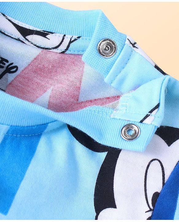 Babyhug Disney Single Jersey Knit Half Sleeves Co-ords Shorts Night Suit with Mickey Mouse Graphics - Light Blue