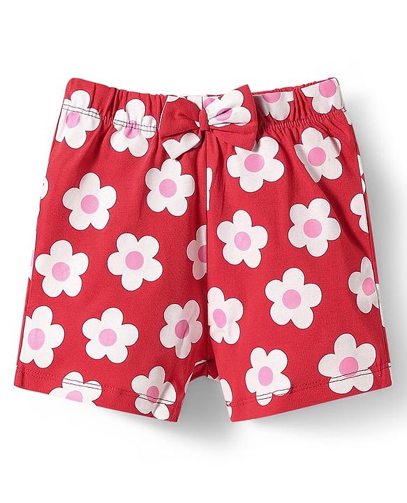 Babyhug Cotton Knit Half Sleeves Shorts Night Suit with Floral Print & Bow Applique - Red