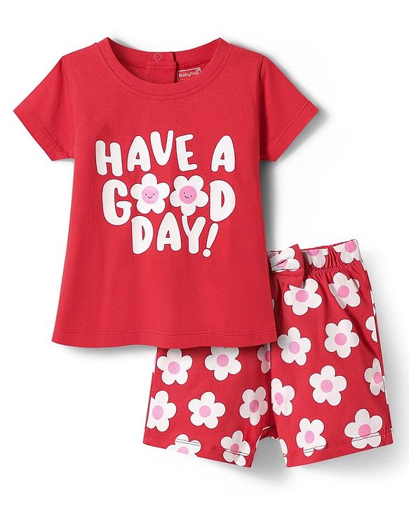 Babyhug Cotton Knit Half Sleeves Shorts Night Suit with Floral Print & Bow Applique - Red