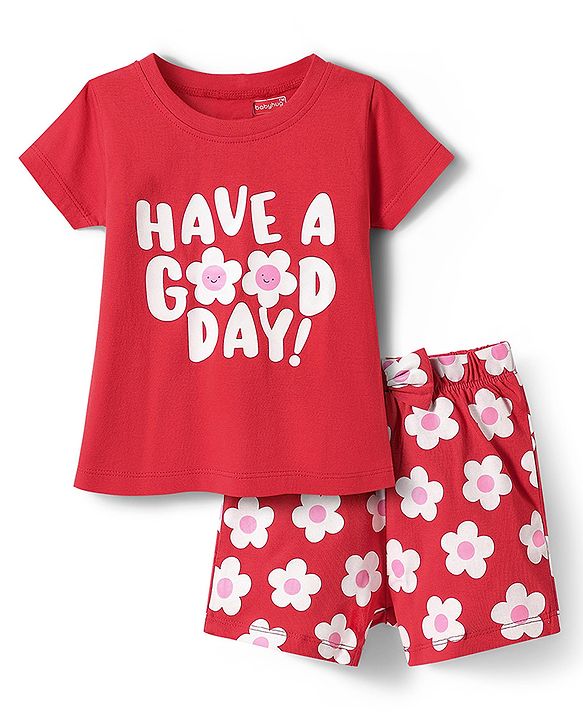 Babyhug Cotton Knit Half Sleeves Shorts Night Suit with Floral Print & Bow Applique - Red