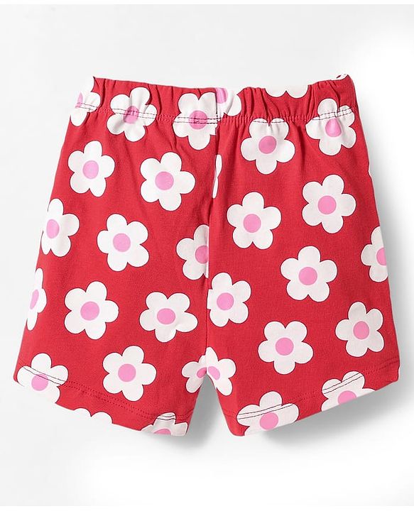 Babyhug Cotton Knit Half Sleeves Shorts Night Suit with Floral Print & Bow Applique - Red