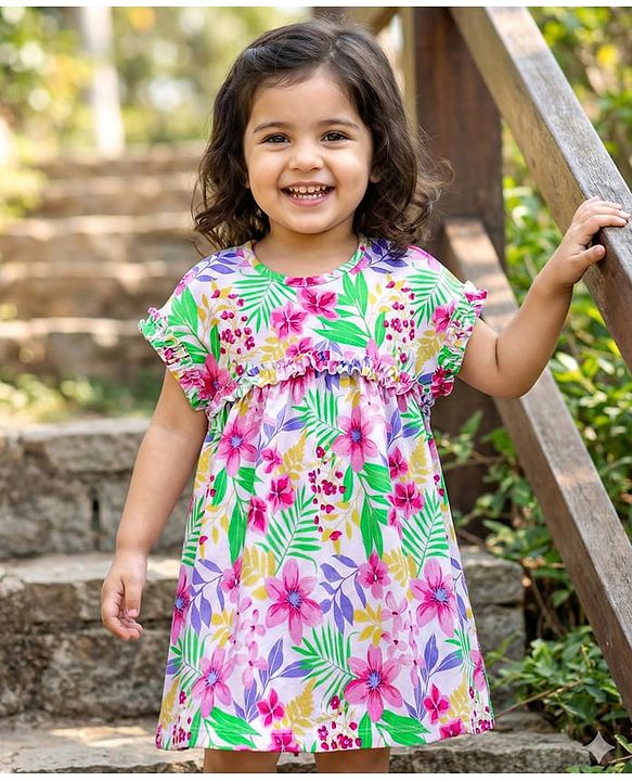 Babyhug Cotton Woven Half Sleeves Frock with Floral Print & Frill Detailing - White
