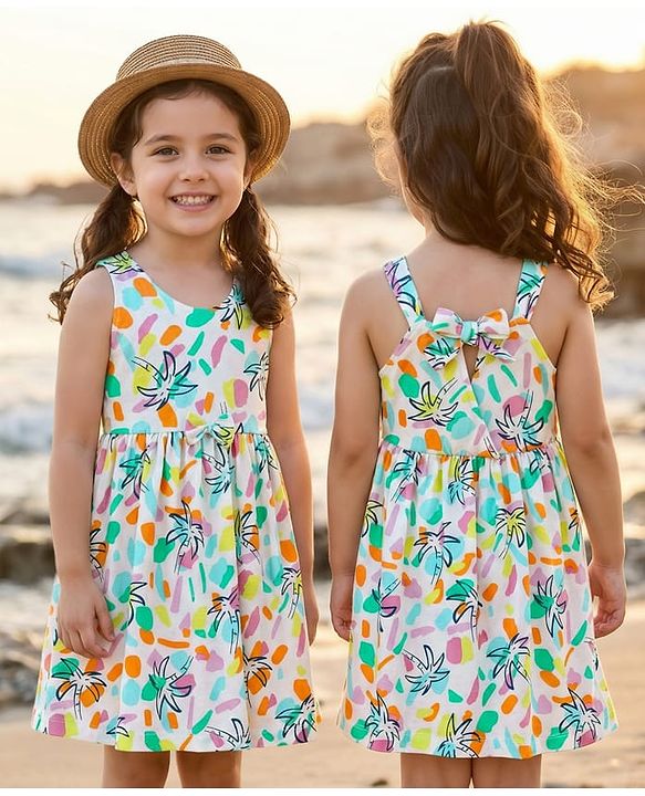 Babyhug Cotton Woven Sleeveless Frock With Tree Print & Bow Applique - White