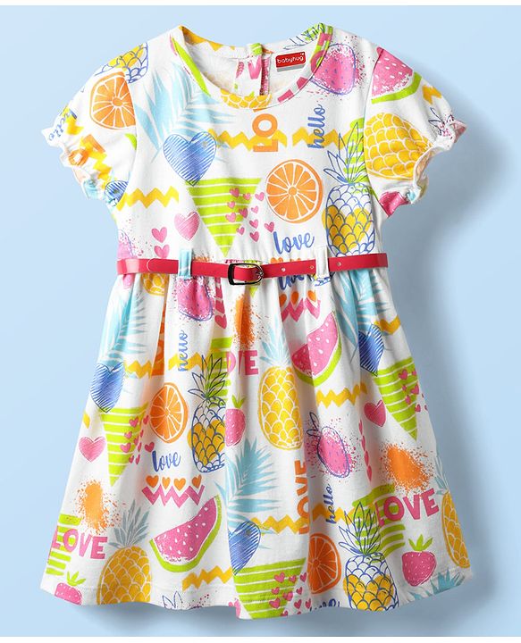 Babyhug Cotton Woven Half Sleeves Frock With Fruit Print & Belt - White