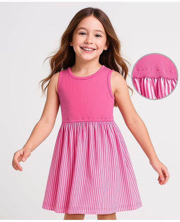 Pine Kids Cotton Knit Sleeveless Solid Color Frock  - Dark Pink