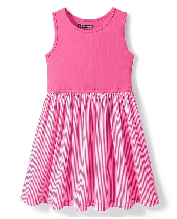Pine Kids Cotton Knit Sleeveless Solid Color Frock  - Dark Pink
