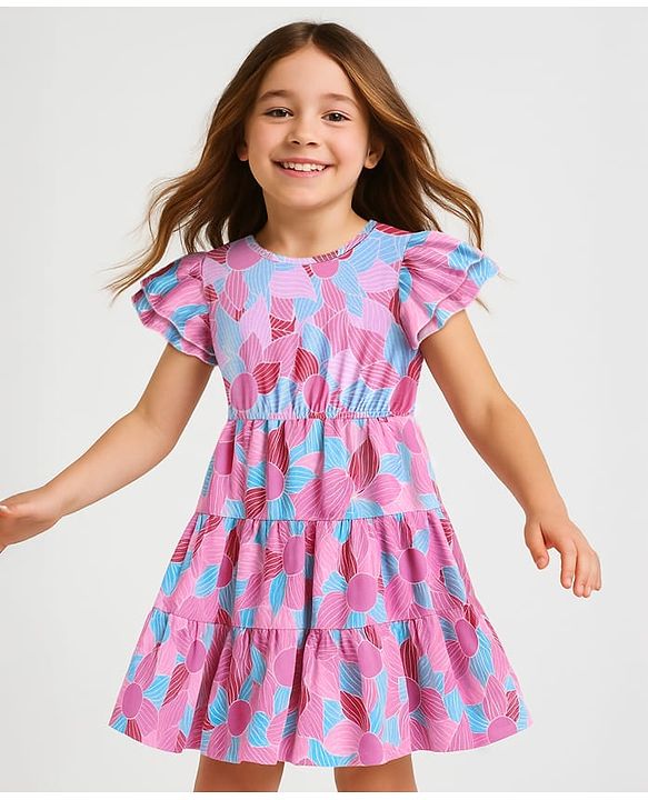 Pine Kids Cotton Knit Half Frill Sleeves Tiered Frock with Floral Print - Multicolor