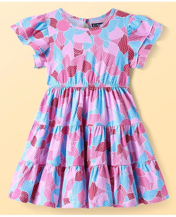 Pine Kids Cotton Knit Half Frill Sleeves Tiered Frock with Floral Print - Multicolor