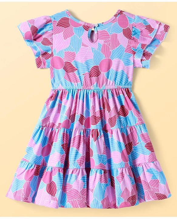 Pine Kids Cotton Knit Half Frill Sleeves Tiered Frock with Floral Print - Multicolor