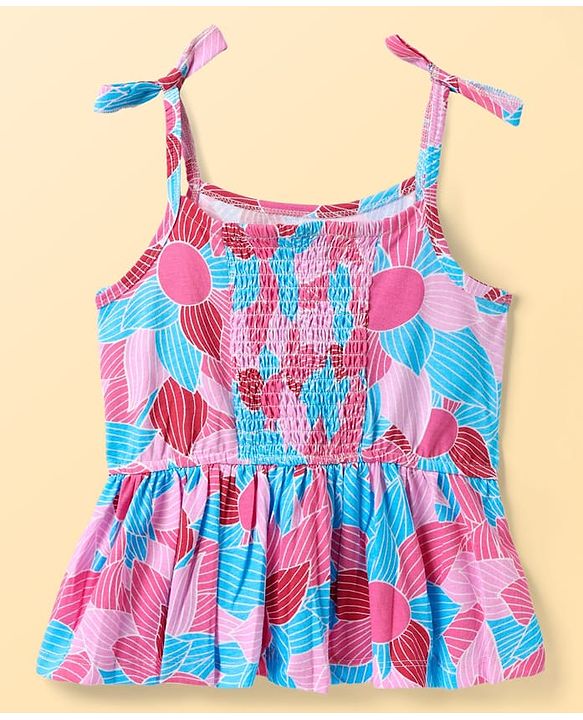 Pine Kids Cotton Knit Sleeveless Top With Floral Print - Pink & Blue