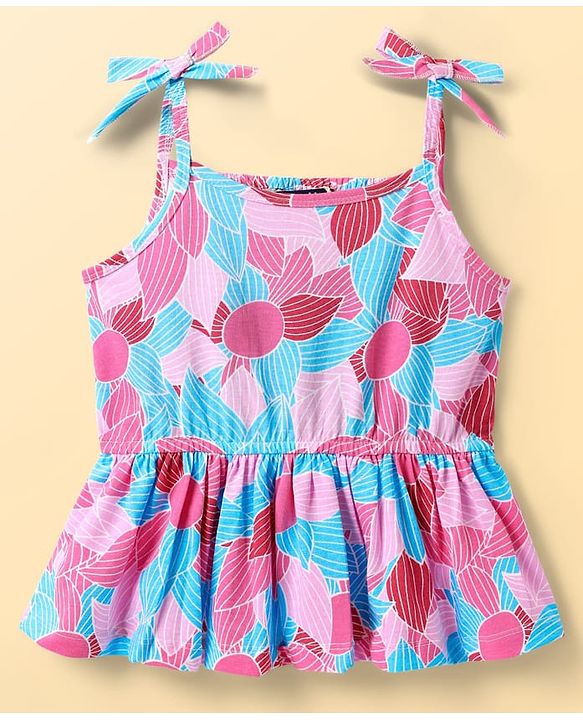 Pine Kids Cotton Knit Sleeveless Top With Floral Print - Pink & Blue