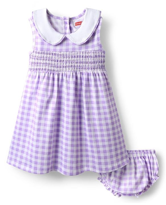 Babyhug Cotton Woven Sleeveless Checks Frock With Smocking Detailing & Bloomer - Purple